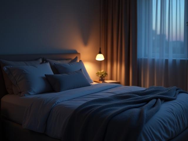 Serene bedroom with soft lighting, indicating restful sleep