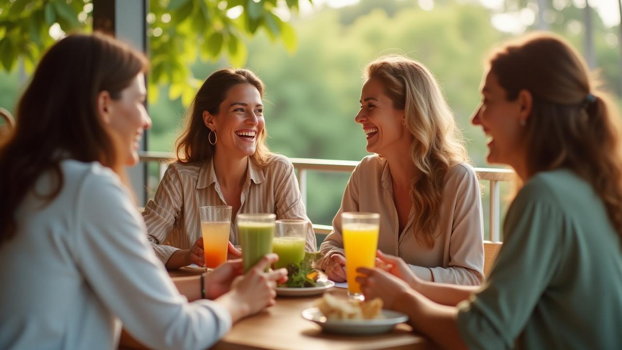 Diverse group of adults 35-55 happily interacting in a modern cafe setting, representing the Lagoon Life community.
